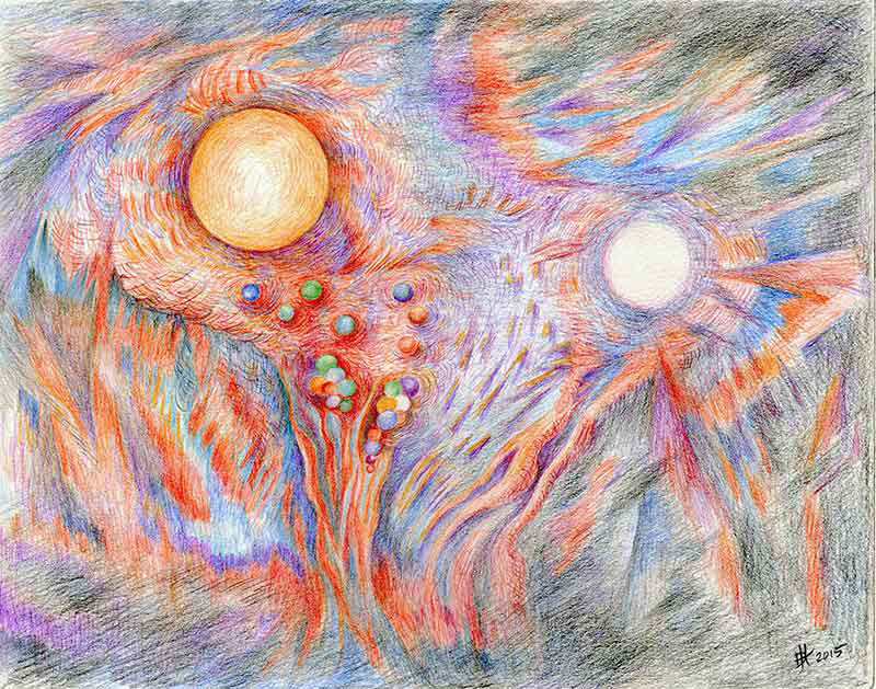 Sun Moon Artwork Original Color Pencil Drawing Depicting The Big Lights
